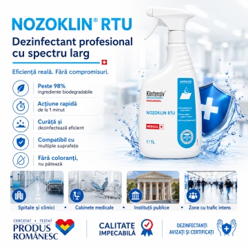 Dezinfectant suprafețe și pavimente Nozoklin RTU Klintensiv, profesional, pentru spitale, clinici, cabinete stomatologice, instituții și spații cu trafic intens, aviz biocid, canistră 5 L, 4x Stickere - Img 2