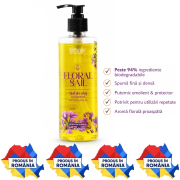 Gel de duș Klintensiv Floral Sail, aromă florală proaspătă, spumă fină, efect emolient și protector, cu D-Panthenol, Zinc PCA și glicerină, peste 94% ingrediente biodegradabile, 400 ml, 4x Stickere