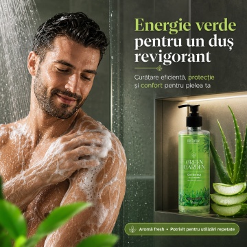Gel de duș Klintensiv Green Garden, aromă verde proaspătă, cu Aloe Vera, D-Panthenol și Zinc PCA, spumă fină, efect emolient și protector, peste 94% ingrediente biodegradabile, 400 ml, 4x Stickere - Img 3