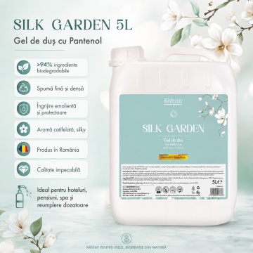 Gel de duș Klintensiv Silk Garden, formulă profesională cu parfum elegant, efect emolient și protector, peste 94% ingrediente biodegradabile, ideal pentru hoteluri, pensiuni, firme, spații publice și reumplere, bidon 5 L, 4x Stickere - Img 3