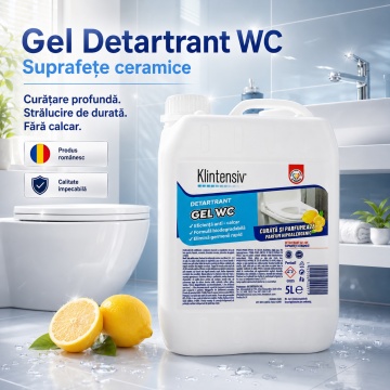 Gel detartrant WC și suprafețe ceramice Klintensiv, anticalcar profesional, textură gel, aderență pe suprafețe verticale, pentru baie, gresie, faianță, ceramică, cabine duș și inox rezistent, 5 L, 4x Stickere - Img 3