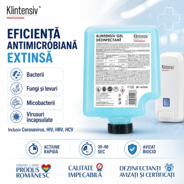 Gel dezinfectant mâini Klintensiv, cartuș 1,2 L, 85% etanol, dezinfectare igienică și chirurgicală, bactericid, fungicid, levuricid, virucid, testat dermatologic, 4x Stickere - Img 3