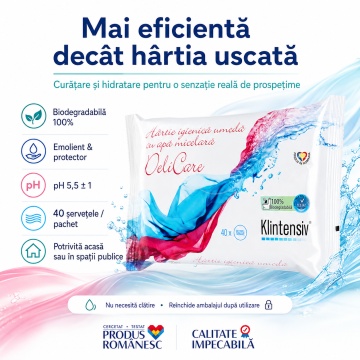 Hârtie Igienică Umedă Klintensiv, biodegradabilă 100%, cu apă micelară, argan și acid lactic, pentru igienă intimă și curățare delicată, 40 șervețele, 4x Stickere - Img 3