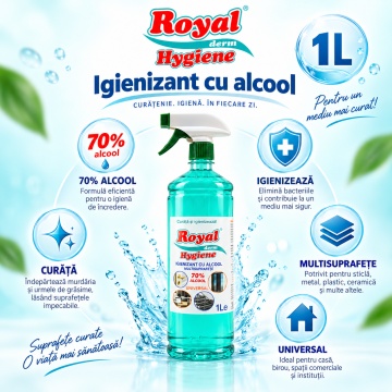 Igienizant Universal cu Alcool 70% Royal Hygiene Soluție Multisuprafețe pentru Curățare și Igienizare, Utilizare Casnică și Profesională, 1 L - Img 3