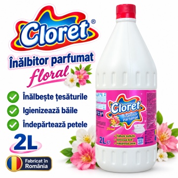Înălbitor Parfumat Floral Cloret, pentru Rufe Albe și Igienizarea Băii, Îndepărtează Petele și Murdăria, Parfum Floral, 2 L