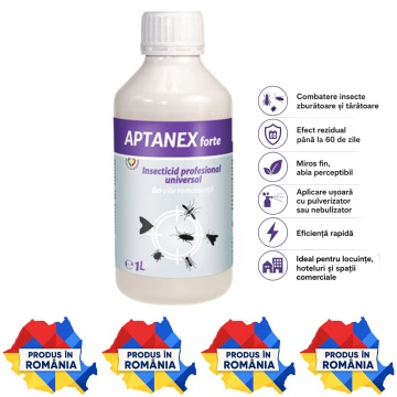 Insecticid concentrat APTANEX, pentru interior, apartamente, hoteluri și zone comerciale, efect rezidual până la 60 zile, aplicare cu pulverizator sau nebulizator, 1 L, 4x Stickere