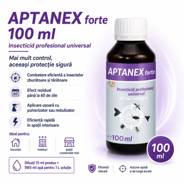 Insecticid profesional APTANEX, concentrat emulsionabil, pentru apartamente, hoteluri și spații comerciale, combate insecte zburătoare și târâtoare, 100 ml, 4x Stickere - Img 2
