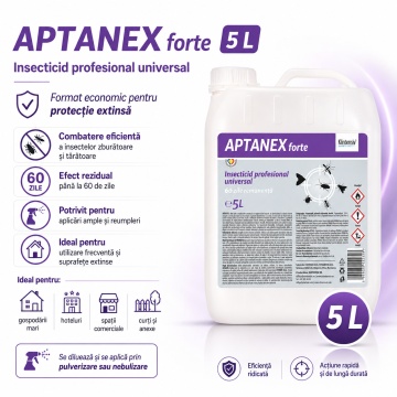 Insecticid profesional APTANEX, concentrat pentru combaterea insectelor zburătoare și târâtoare, cu Cipermetrin 10% și Butoxid de piperonil 5%, canistră 5 L, 4x Stickere - Img 2