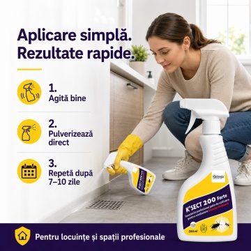 Insecticid spray K-Sect 200 Forte, pentru insecte târâtoare, gândaci, furnici, purici, căpușe și alte artropode, gata de utilizare, cu Cipermetrin, Piperonil butoxid și Tetrametrin, 500 ml, 4x Stickere - Img 4