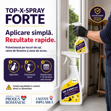 Insecticid spray TOP-X-SPRAY FORTE, pentru combaterea muștelor și insectelor zburătoare, gata de utilizare, acțiune prin contact, eficacitate 100% în maxim 8 ore, 500 ml, 4x Stickere - Img 4