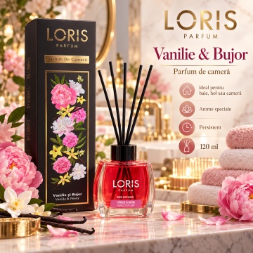 Loris Parfum Vanilie & Bujor 120 ml – Odorizant de Cameră cu Bețișoare Parfumate - Img 4