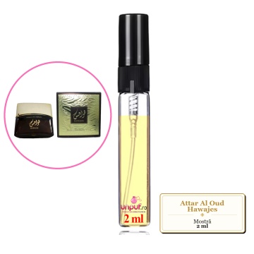 Mostra fiola din Parfumul Attar Al Oud Hawajes, decant sticla cu pulverizator