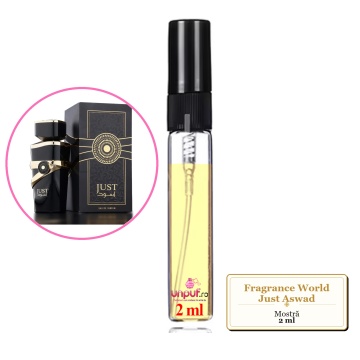 Mostra fiola din Parfumul Fragrance World Just Aswad, decant sticla cu pulverizator