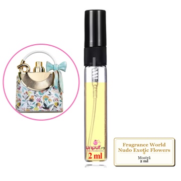 Mostra fiola din Parfumul Fragrance World Nudo Exotic Flowers, decant sticla cu pulverizator