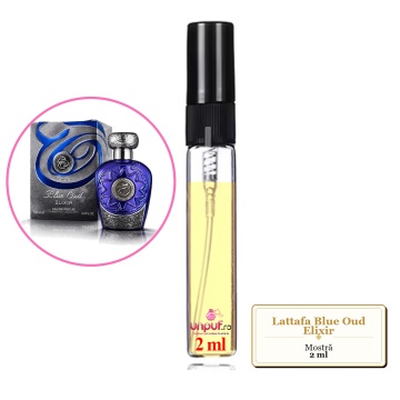 Mostra fiola din Parfumul Lattafa Blue Oud Elixir, decant sticla cu pulverizator
