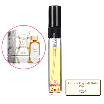 Mostra fiola din Parfumul Lattafa Hayaati Gold Elixir, decant sticla cu pulverizator