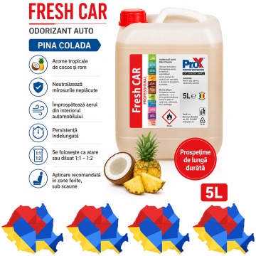 Odorizant auto PRO X Fresh CAR Pina Colada, aromă tropicală de cocos și rom, parfum catifelat, neutralizare mirosuri neplăcute, 5 L, 4x Stickere