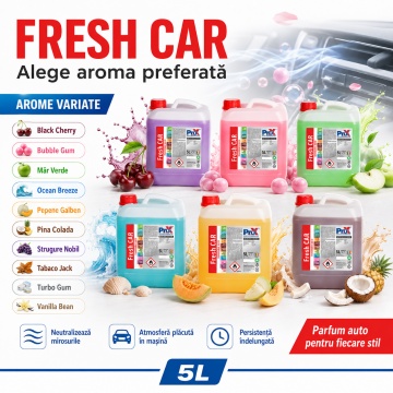 Odorizant auto PRO X Fresh CAR Strugure Nobil, aromă energizantă de strugure, parfum persistent pentru interior auto, 5 L, 4x Stickere - Img 4