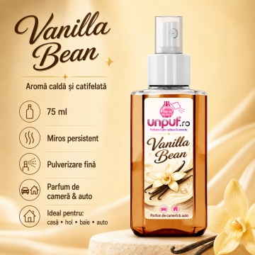 Odorizant auto si casa Unpuf Vanilla Bean, cu pulverizator, aroma calda si catifelata de vanilie, improspatare aer si parfum de durata, 75 ml