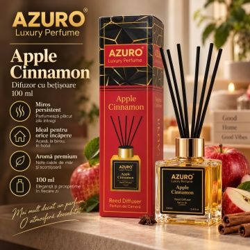 Odorizant Cameră Azuro Apple Cinnamon Luxury Perfume, Difuzor cu Bețișoare, Parfum Măr și Scorțișoară, 100 ml