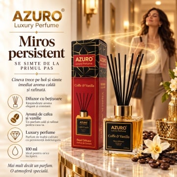 Odorizant Cameră Azuro Coffee & Vanilla Luxury Perfume, Difuzor cu Bețișoare, Parfum Cafea și Vanilie, 100 ml - Img 3