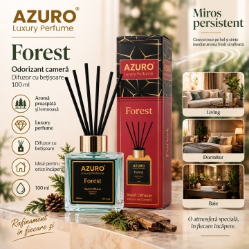 Odorizant Cameră Azuro Forest Luxury Perfume, Difuzor cu Bețișoare, Parfum Ambiental Fresh, 100 ml - Img 3