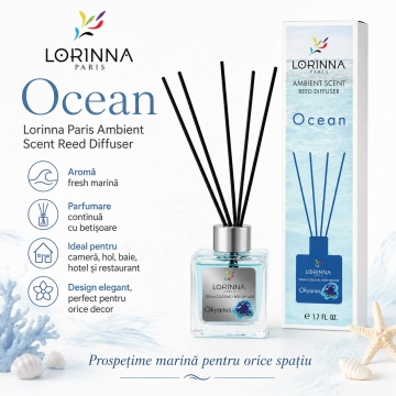 Odorizant de camera cu betisoare Lorinna Paris Ambient Scent Reed Diffuser, Ocean, aroma fresh marina, pentru living, baie, dormitor si birou, 50 ml
