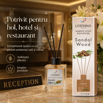 Odorizant de camera cu betisoare Lorinna Paris Ambient Scent Reed Diffuser, Sandal Wood, aroma calda si lemnoasa, pentru living, dormitor, hotel si birou, 50 ml - Img 4