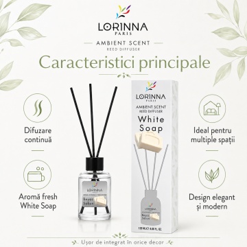 Odorizant de camera cu betisoare Lorinna Paris Ambient Scent Reed Diffuser, White Soap, aroma curata si proaspata, pentru living, dormitor, baie si hol, 120 ml - Img 4