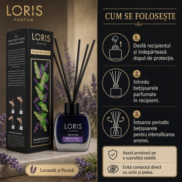 Odorizant de Cameră cu Bețișoare Parfumate Loris Parfum Lavandă și Paciuli, 120 ml, Esență Floral Lemnoasă, Miros Elegant și Persistent - Img 4