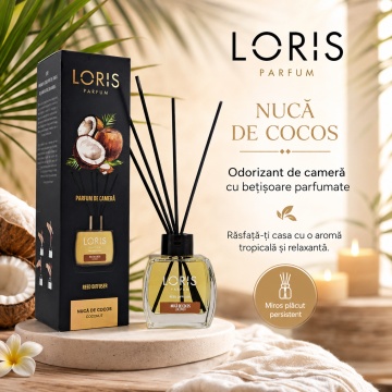 Odorizant de Cameră cu Bețișoare Parfumate Loris Parfum Nucă de Cocos, 120 ml, Esență Exotică de Cocos, Miros Plăcut și Persistent