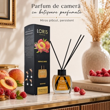 Odorizant de Cameră cu Bețișoare Parfumate Loris Parfum Zmeură și Piersică, 120 ml, Esență Fructată, Miros Plăcut și Persistent - Img 2