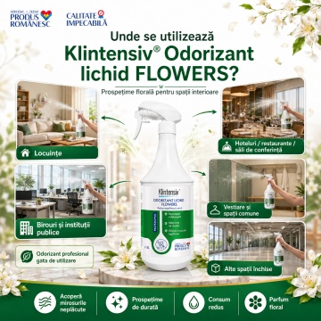Odorizant lichid profesional Klintensiv Flowers, parfum floral persistent, gata de utilizare, pentru spații interioare, birouri, hoteluri, restaurante, vestiare și locuințe, 1 L, 4x Stickere - Img 3