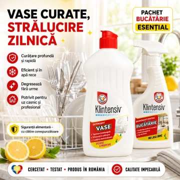 Pachet bucatarie esential Klintensiv, detergent de vase si degresant bucatarie, curatare si degresare rapida, 2x 500 ml, 4x Stickere - Img 4