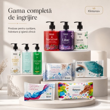 Pachet complet ingrijire Klintensiv, sapunuri Bujori si Frezii, Liliac si Iasomie 500 ml, geluri Summer Garden si Silk Garden 400 ml, sampon Anti-Cadere 400 ml, servetele IntimCare, demachiante, hartie umeda si dezinfectante, 10 produse, 4x Stickere - Img 5
