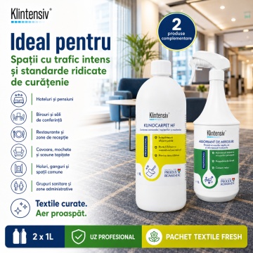Pachet curatare textile si eliminare mirosuri Klintensiv Professional Textile Fresh, KLINOCARPET HF si absorbant profesional, 2x 1 L, 4x Stickere - Img 5