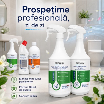 Pachet curatenie baie si grup sanitar Klintensiv Professional, Anticalcar Rapid RTU, Igienic Plus, desfundat tevi, absorbant mirosuri si odorizant Flowers, 5 produse, 4.75 L, 4x Stickere - Img 5