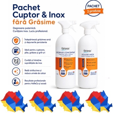 Pachet degresant profesional cuptor si solutie inox Klintensiv Professional, DEGRASS concentrat pentru grasime arsa si curatare suprafete metalice, 2x 1 L, 4x Stickere