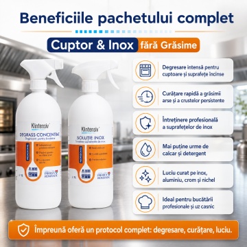 Pachet degresant profesional cuptor si solutie inox Klintensiv Professional, DEGRASS concentrat pentru grasime arsa si curatare suprafete metalice, 2x 1 L, 4x Stickere - Img 5