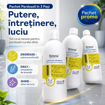 Pachet detergenti pardoseli Klintensiv Professional KLINFLOOR, DEGREASE, DAILY si SHINE, degresare, intretinere si luciu, 3 x 1 L, 4x Stickere - Img 5