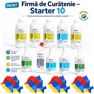 Pachet firma de curatenie Starter 10 Klintensiv Professional, detergenti pardoseli, anticalcar, Igienic Plus, multisuprafete, geamuri, mobilier, textile si mirosuri, 10 produse, 9.75 L, 4x Stickere