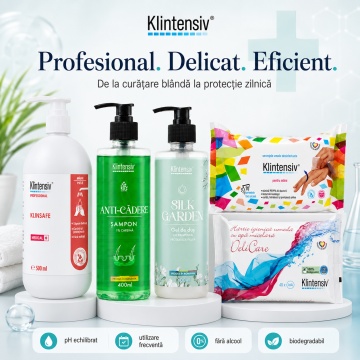 Pachet igiena completa Klintensiv, KlinSafe sapun delicat 500 ml, gel de dus Silk Garden 400 ml, sampon Anti-Cadere 400 ml, servetele dezinfectante 70 buc si hartie igienica umeda 40 buc, 5 produse, 4x Stickere - Img 5