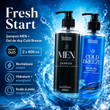 Pachet ingrijire barbati Klintensiv, sampon cu Zinc PCA si Pantenol 400 ml si gel de dus hidratant Cold Breeze 400 ml, 2 produse, 800 ml, 4x Stickere - Img 5