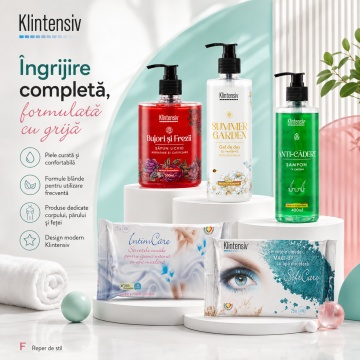Pachet ingrijire completa Klintensiv, sapun Bujori si Frezii 500 ml, gel de dus Summer Garden 400 ml, sampon Anti-Cadere 400 ml, servetele IntimCare 40 buc si demachiante 25 buc, 5 produse, 4x Stickere - Img 5