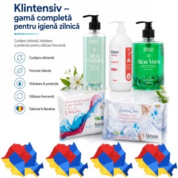 Pachet ingrijire completa Klintensiv, sapun lichid Aloe Vera 500 ml, KlinSafe sapun delicat 500 ml, gel de dus Silk Garden 400 ml, servetele IntimCare 40 buc si hartie igienica umeda 40 buc, 5 produse, 4x Stickere