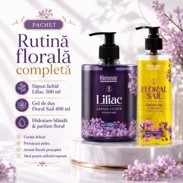 Pachet ingrijire corp Klintensiv, sapun lichid Liliac 500 ml si gel de dus hidratant Floral Sail 400 ml, 2 produse, 900 ml, 4x Stickere - Img 5