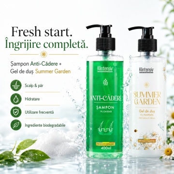 Pachet ingrijire par si corp Klintensiv, sampon Anti-Cadere 400 ml si gel de dus hidratant Summer Garden 400 ml, 2 produse, 800 ml, 4x Stickere - Img 5