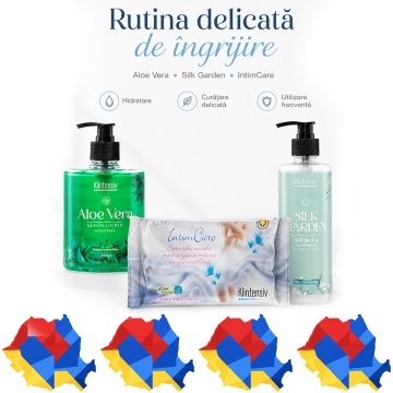 Pachet ingrijire personala Klintensiv, sapun lichid Aloe Vera 500 ml, gel de dus hidratant Silk Garden 400 ml si servetele intime IntimCare 40 buc, 3 produse, 4x Stickere