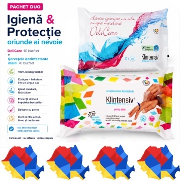 Pachet servetele umede Klintensiv, hartie igienica umeda biodegradabila 40 buc si servetele dezinfectante pentru maini 70 buc, 2 seturi, 110 servetele, 4x Stickere