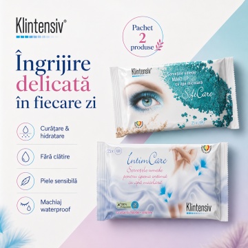 Pachet servetele umede Klintensiv, IntimCare pentru igiena intima 40 buc si servetele demachiante pentru fata 25 buc, 2 pachete, 65 servetele, 4x Stickere - Img 5